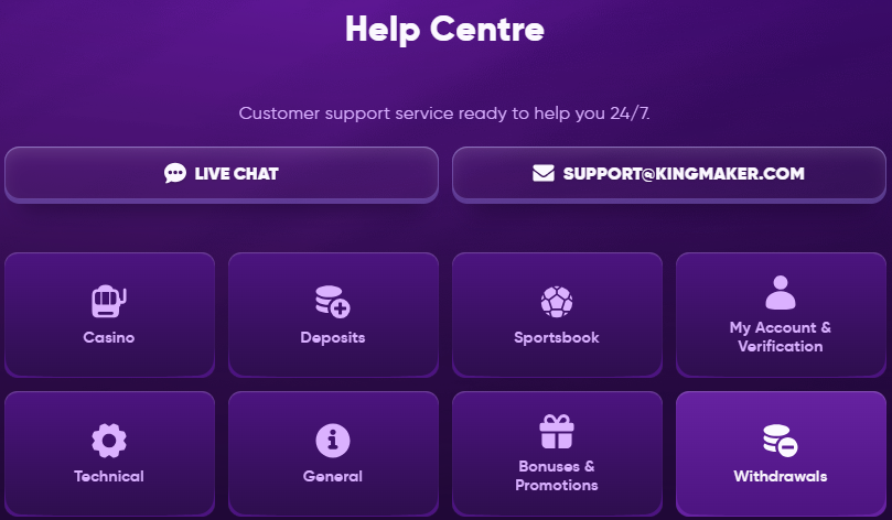 Help Centre & Live-Chat in der Kingmaker App